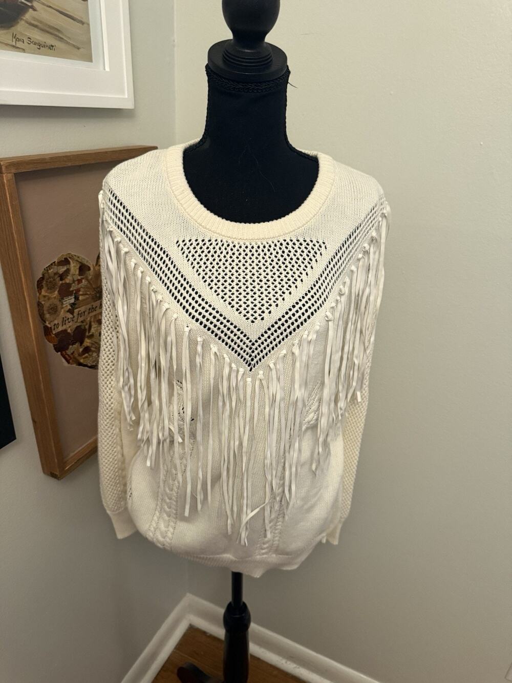 Reba XL White Fringe Pullover Sweater Crochet V-Neck Detail Coastal Cowgirl